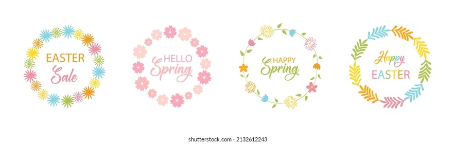 Spring greeting card set. Hand drawn illustration. Floral wreath and lettering. Spring flowers with branches and cozy leaves. Suitable for banner, poster, postcard, brochure, advertising