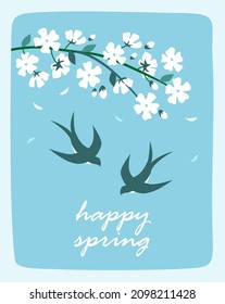 Frühlingskarte mit Schluchten und Apfelblüten. Vektorclip-Kunst.