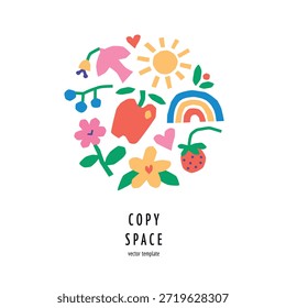 Spring greeting card template with naive doodles and childlike charm, vector flat cartoon illustration about love, celebration. Flowers, rainbow and sun for holiday cards, invitations with copy space