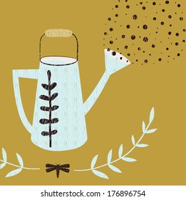 Spring greeting card with a watering can and branches