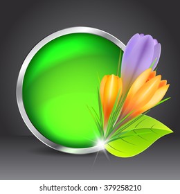Spring greeting card with yellow and violet crocuses and original handwritten text Spring. Vector illustration for posters, greeting cards, print and web projects.