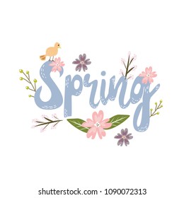 Spring greeting hand drawn sketched logotype, badge typography icon. Lettering spring season with flower and bird for invitation design, greeting card, vintage reteo poster template background