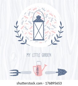 Spring greeting with lantern and night butterfly on white wood background