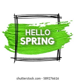 Spring Greeting Postcard. Use this Card for Congratulations. Best Vector design. Decorative text with green hand-drawn Acrylic texture. Template for banners, brochures, placards, flyers, posters.  