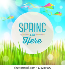 Spring greeting round banner against a outdoor landscape with fresh grass and colorful kites - vector illustration