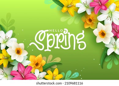 Spring greeting vector background design. Hello spring typography text with flowers foliage decoration in green background for fresh nature bloom celebration decoration. Vector illustration.
