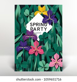 Spring greeting/invitation card template design, colorful iris flowers and leaves, paper art/paper cutting style Spring greeting/invitation card template design, colorful iris flowers and leaves, paper art/paper cutting style