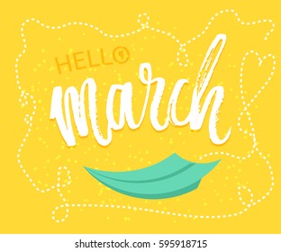 Spring greetings to the month of March design in yellow background with paper origami plane was drawing to a seasonal marketing promotion. Vector illustration.
