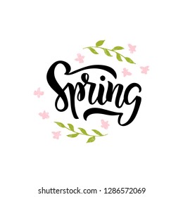 Spring - hand drawn brush lettering. Spring season advertising. Template with pink flower and branch for greeting card, invitation, banner, badge, poster. Vector illustration