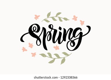 Spring - hand drawn brush lettering. Spring season advertising. Template with pink flower and branch for greeting card, invitation, banner, badge, poster. Vector illustration. EPS 10
