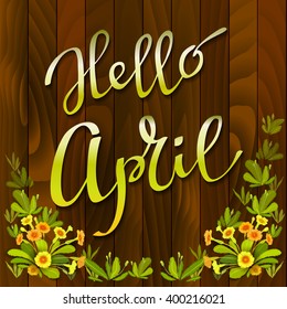 Spring hand drawn calligraphy card - hello april. Orange yellow primrose flowers, green leaves on brown wooden texture background. Floral border frame and vector lettering. Red wood boards background