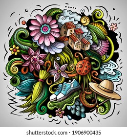 Spring hand drawn cartoon doodle illustration. Funny seasonal design. Creative art vector background. Nature elements and objects. Colorful composition