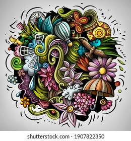 Spring hand drawn cartoon doodle illustration. Funny seasonal design. Creative art vector background. Nature elements and objects. Colorful composition
