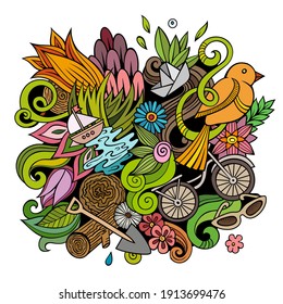 Spring hand drawn cartoon doodle illustration. Funny seasonal design. Creative art vector background. Nature elements and objects. Colorful composition