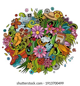 Spring hand drawn cartoon doodle illustration. Funny seasonal design. Creative art vector background. Nature elements and objects. Colorful composition