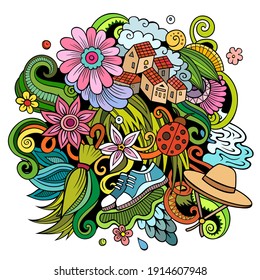 Spring hand drawn cartoon doodle illustration. Funny seasonal design. Creative art vector background. Nature elements and objects. Colorful composition