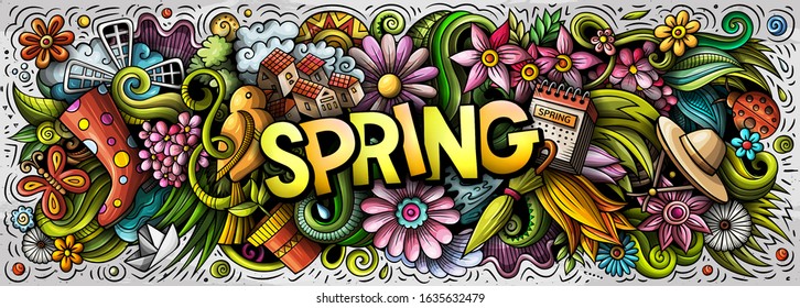 Spring hand drawn cartoon doodles illustration. Seasonal funny objects and elements poster design. Creative art background. Colorful vector banner