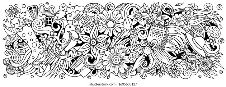 Spring hand drawn cartoon doodles illustration. Seasonal funny objects and elements poster design. Creative art background. Sketchy vector banner
