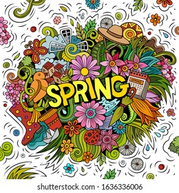 Spring hand drawn cartoon doodles illustration. Funny seasonal design. Creative art vector background. Handwritten text with nature elements and objects. Colorful composition