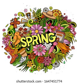 Frühlingshandgezeichnet Cartoon doodles Illustration. Funny saisonales Design. Hintergrund der kreativen Vektorillustration. Handgeschriebener Text mit Naturelementen und Objekten. Farbige Komposition