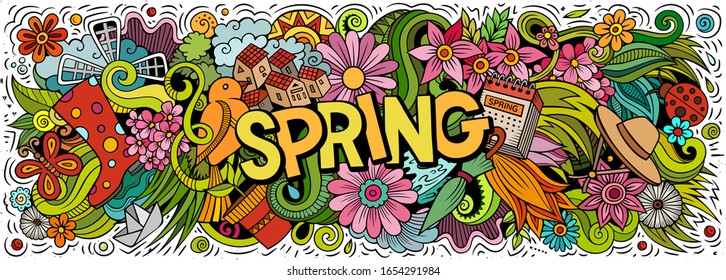 Spring hand drawn cartoon doodles illustration. Seasonal funny objects and elements poster design. Creative art background. Colorful vector banner