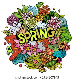 Spring hand drawn cartoon doodles illustration. Funny seasonal design. Creative art vector background. Handwritten text with nature elements and objects. Colorful composition