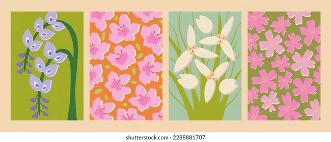 Spring hand drawn colorful floral collection. Including wisteria, azalea, noble orchid and cherry blossom isolated on light beige background. Suitable for spring season or festive decoration.