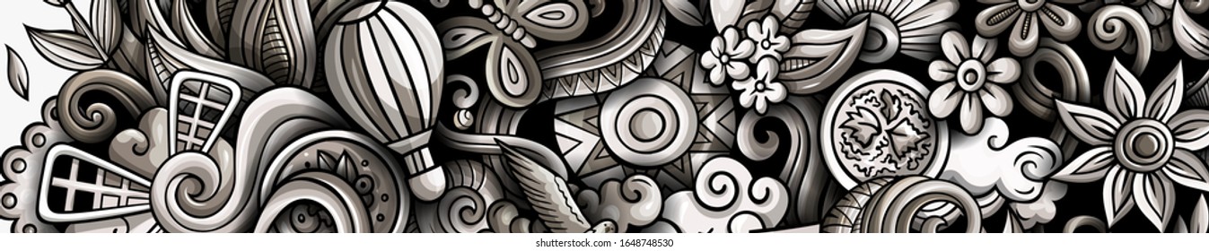 Spring hand drawn doodle banner. Cartoon detailed flyer. Seasonal identity with objects and symbols. Monochrome vector design elements background