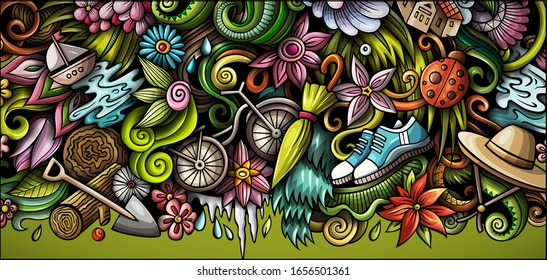 Spring hand drawn doodle banner. Cartoon detailed flyer. Seasonal identity with objects and symbols. Color vector design elements background