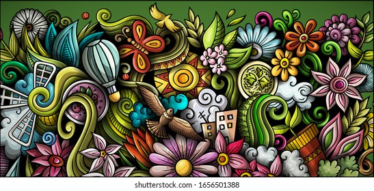 Spring hand drawn doodle banner. Cartoon detailed flyer. Seasonal identity with objects and symbols. Color vector design elements background