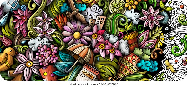 Spring hand drawn doodle banner. Cartoon detailed flyer. Seasonal identity with objects and symbols. Color vector design elements background