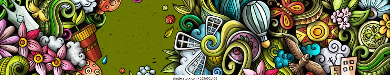 Spring hand drawn doodle banner. Cartoon detailed flyer. Seasonal identity with objects and symbols. Color vector design elements background