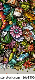 Spring hand drawn doodle banner. Cartoon detailed flyer. Seasonal identity with objects and symbols. Color vector design elements background