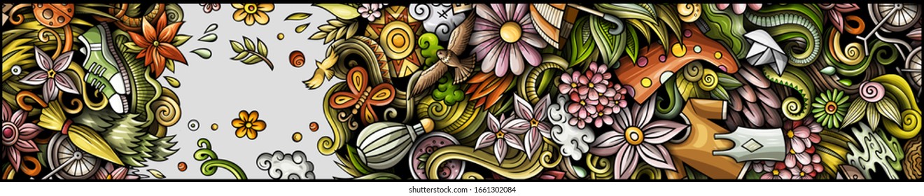Banner de doodle dibujado a mano de primavera. Folleto detallado. Identidad estacional con objetos y símbolos. Fondo de los elementos de diseño del vector de color