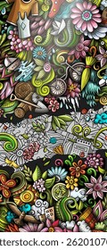 Spring hand drawn doodle banner. Cartoon detailed flyer. Seasonal identity with objects and symbols. Color vector design elements background