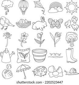 Spring Hand Drawn Doodle Line Art Outline Set Containing Kite, Butterfly, Rabbit, Baseball, Chicks, Egg, Rose, Ladybug, Robin, Rain, Sun, Umbrella, Balloon, Rainbow, Nest, Watering Can, Tulips, Boots