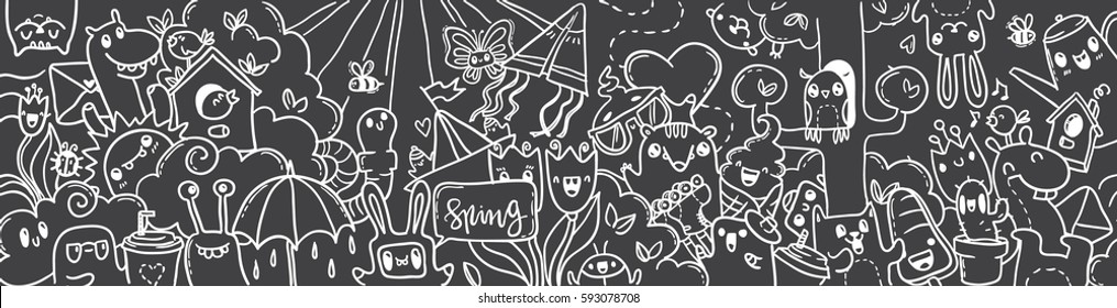 Spring hand drawn doodles. White on black, chalk on a blackboard. black-and-white doodles hand-drawn contour on a black background