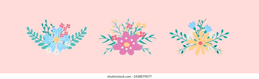 Spring hand drawn flower arrangement set. Bouquets with flowers and twigs.