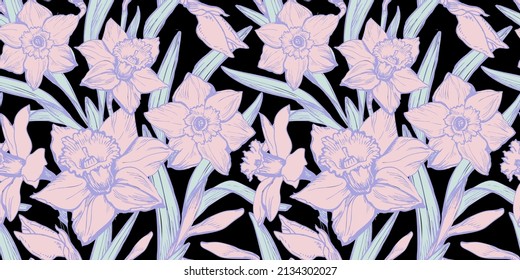 Spring hand drawn flowers daffodils. Delicate floral seamless pattern. Pastel floral vector swatch in calm tones on black background. Elegant design for textile, fabric, wallpaper, packaging. 