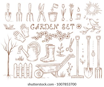 spring hand drawn garden set of isolated tools and gardening equipment