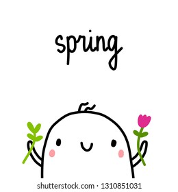 Spring hand drawn illustration with cute marshmallow holding flower and green plant