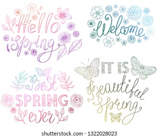 Spring hand drawn lettering design with floral decorative elements and butterflies, vector illustration