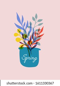 Spring hand drawn logotype, badge typography icon. Lettering spring season with leaf flower for greeting card, invitation template. Retro, vintage lettering banner poster template background