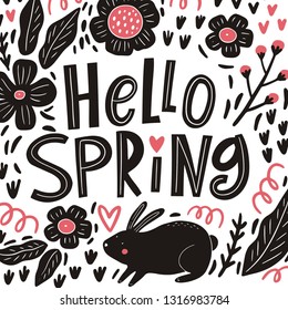 Spring hand drawn ornament pattern flowers, leaves and rabbit. Fresh pattern for hom decor. Hello Spring