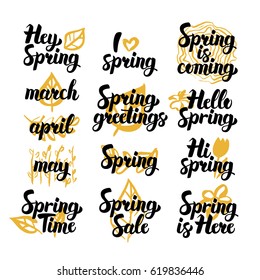 Spring Hand Drawn Quotes. Vector Illustration of Handwritten Lettering Nature Design Elements.