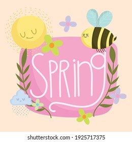 spring hand drawn text flowers bee sun branches cartoon vector illustration
