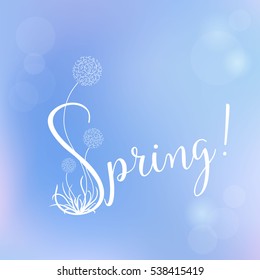 Spring - hand drawn typographic vector text on blue background. Logos and emblems for invitation, greeting card, prints and posters.