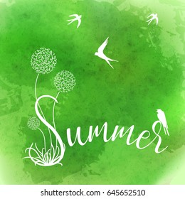 Spring - hand drawn typographic vector text on watercolor green background. Logos and emblems for invitation, greeting card, prints and posters