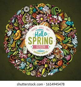 Spring hand drawn vector doodles illustration. Nature round design. Seasonal elements and objects cartoon background. Bright colors funny picture