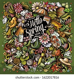 Spring hand drawn vector doodles illustration. Nature poster design. Seasonal elements and objects cartoon background. Bright colors funny picture